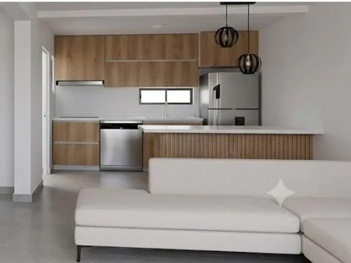 Render de referencia de cocina con acabados de la ampliación